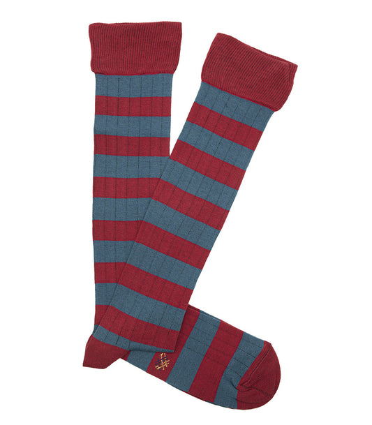 Calcetines Altos Canalé Rayas Azul Claro y Rojo