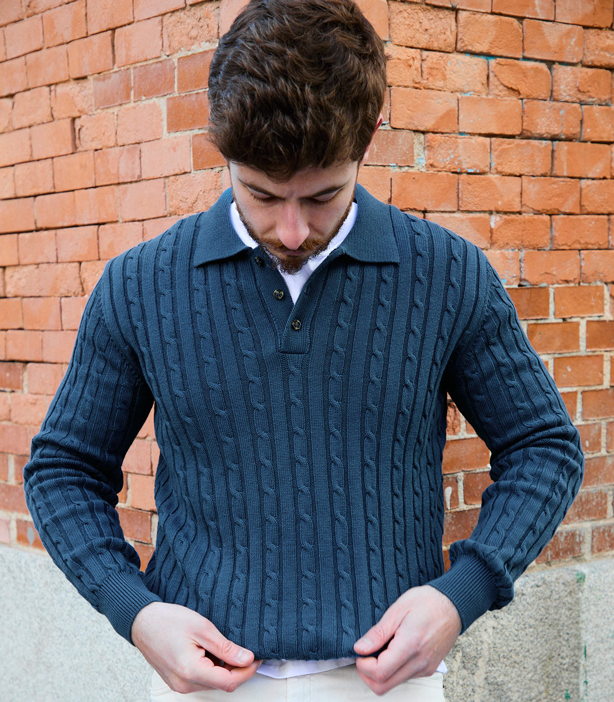 Hostess Cotton Cable Knit Polo Sweater