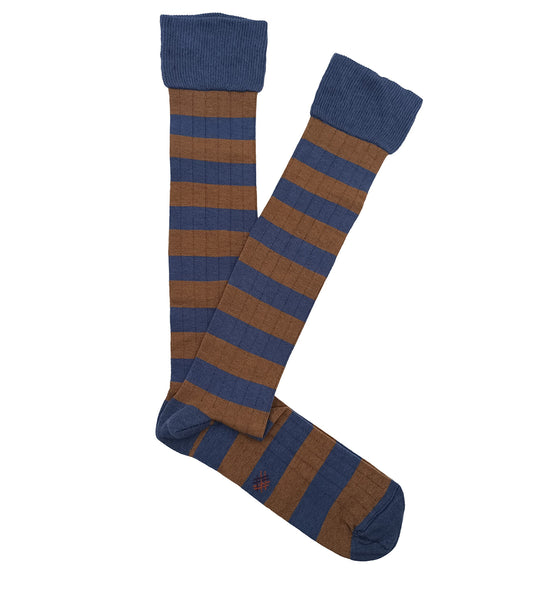 Blue and Brown Striped Ribbed Knee High Socks