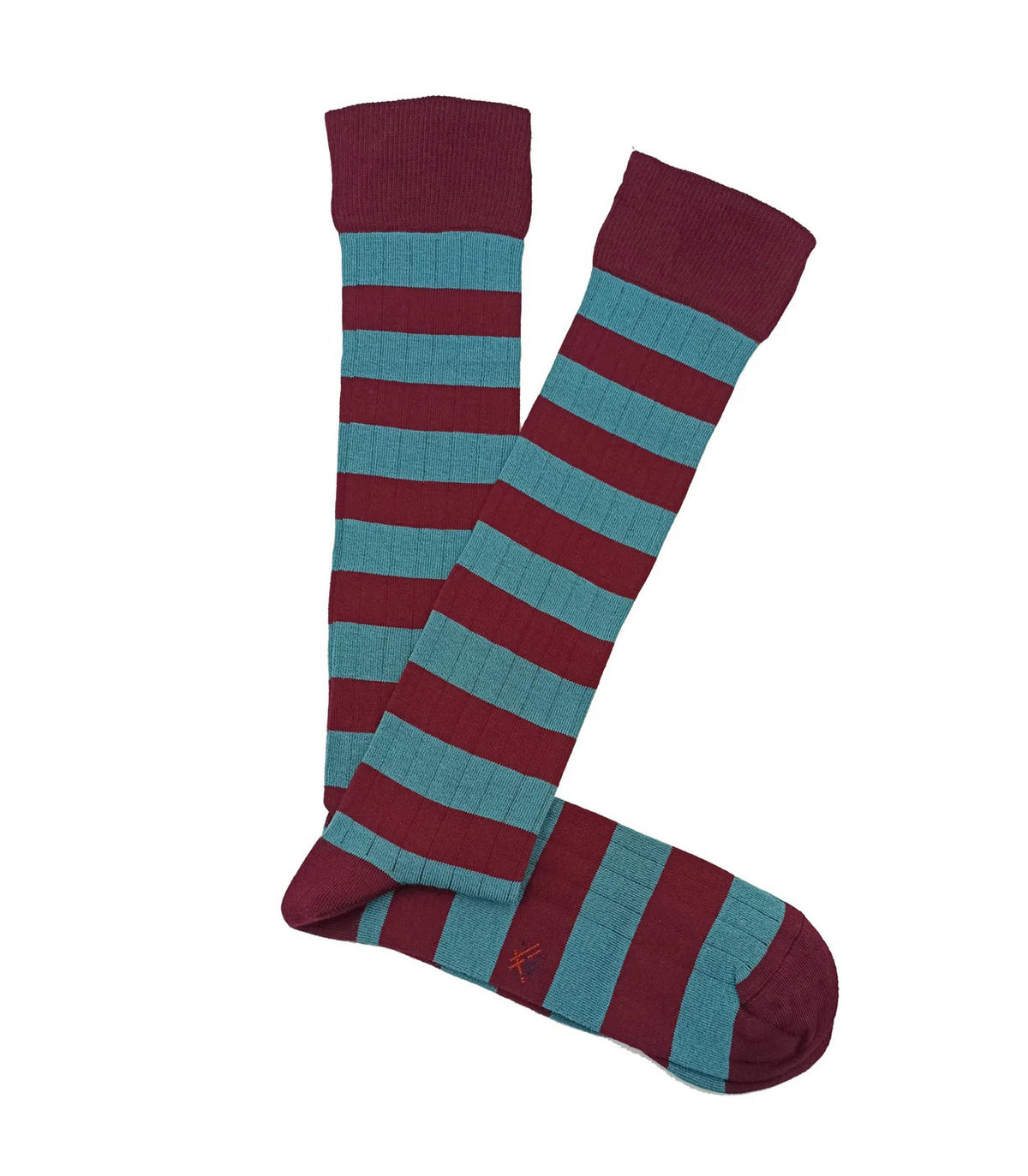 Burgundy And Light Blue Striped Ribbed Knee High Socks
