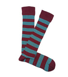 Burgundy And Light Blue Striped Ribbed Knee High Socks