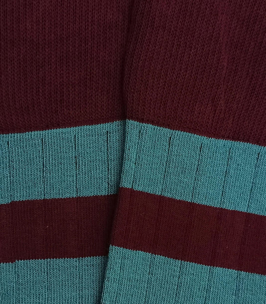 Calcetines Altos Canalé Rayas Burdeos Y Azul Claro